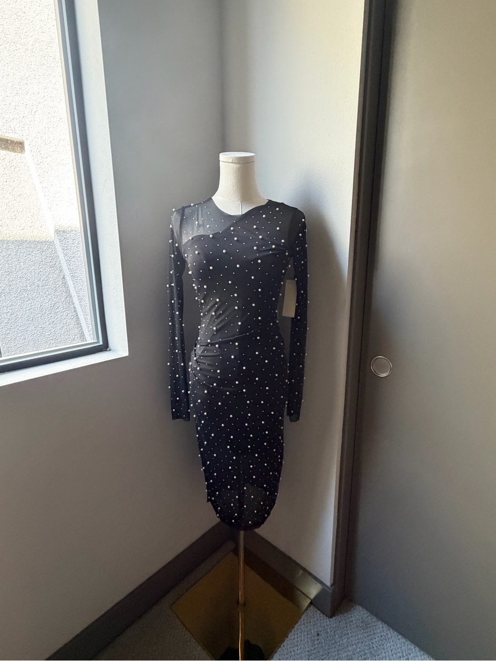 Black Long-Sleeve Sheer Lined Polka Dot Midi Dress